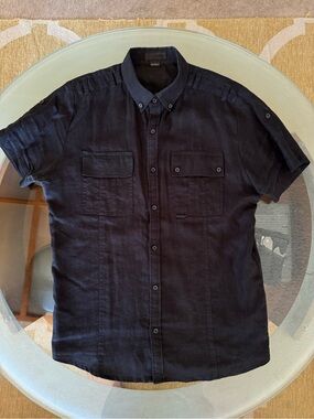 Comune Black 100% Linen Button Down Shirt Men’s Short Sleeve Size Large